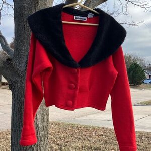 Vintage Early 90s Red Cropped Sweatshirt Blazer with Faux Fur Trimmed Collar